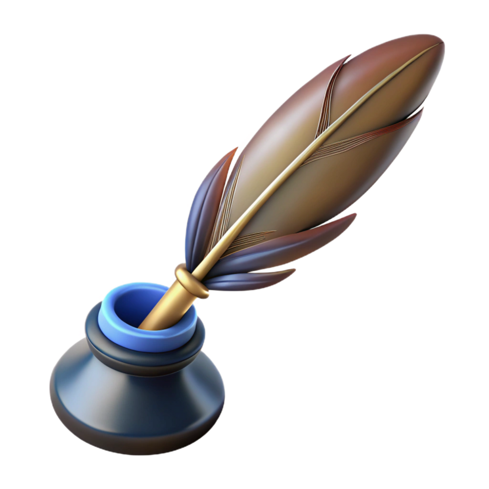 majestic exceptional A single, stylized feather pen with an inkwell. NO BACKGROUND with Transparent Background. png