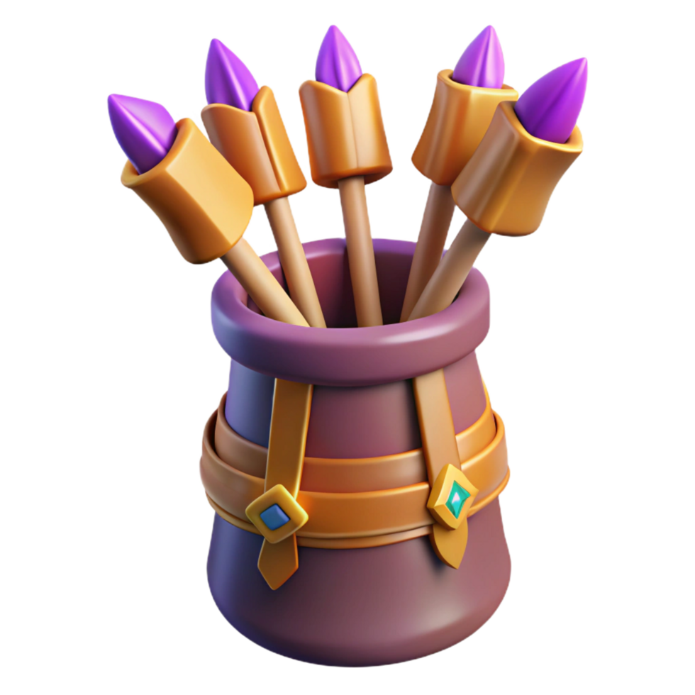 radiant reflective creative A quiver full of magical arrows with different tips. NO BACKGROUND with Transparent Background. studio quality png