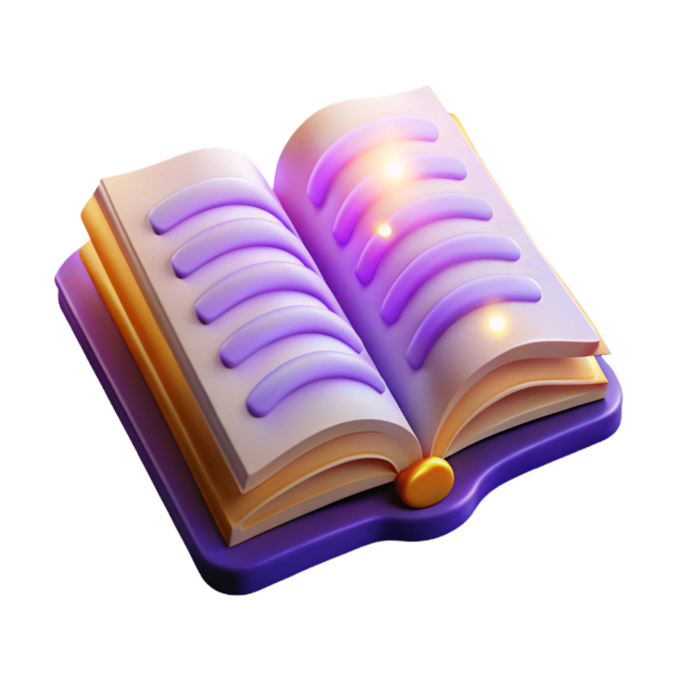 playful sumptuous A stylized, open book with glowing text. NO BACKGROUND with Transparent Background. studio quality png