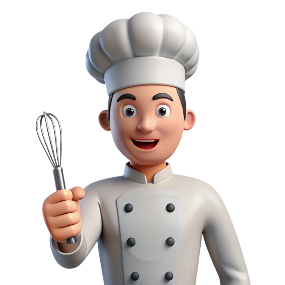 striking futuristic Chef in uniform holding a whisk NO BACKGROUND with Transparent Background. handcrafted png