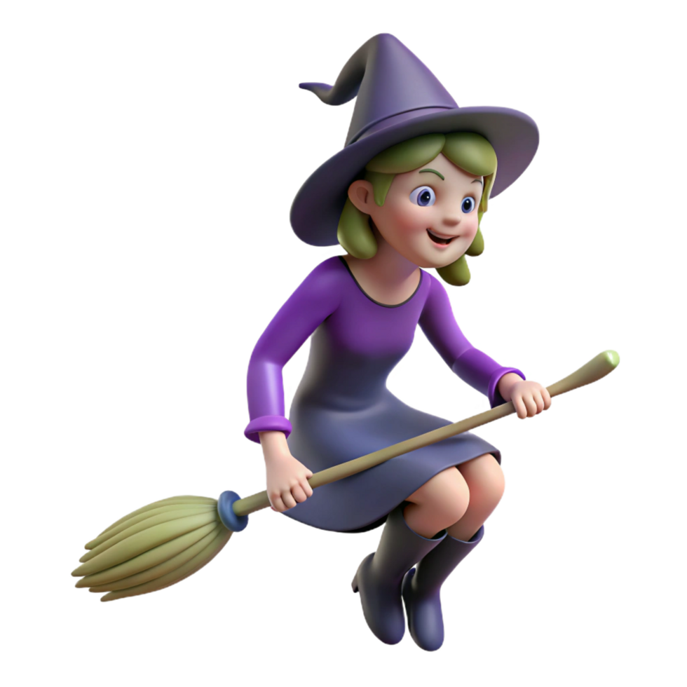 peaceful wonderful Witch riding a broomstick NO BACKGROUND with Transparent Background. handcrafted png