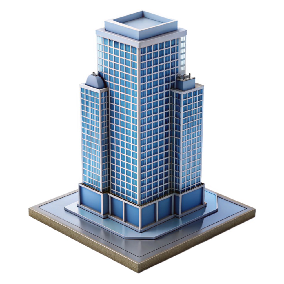 stunning retro Modern skyscraper architectural model, NO BACKGROUND with Transparent Background. 4K png