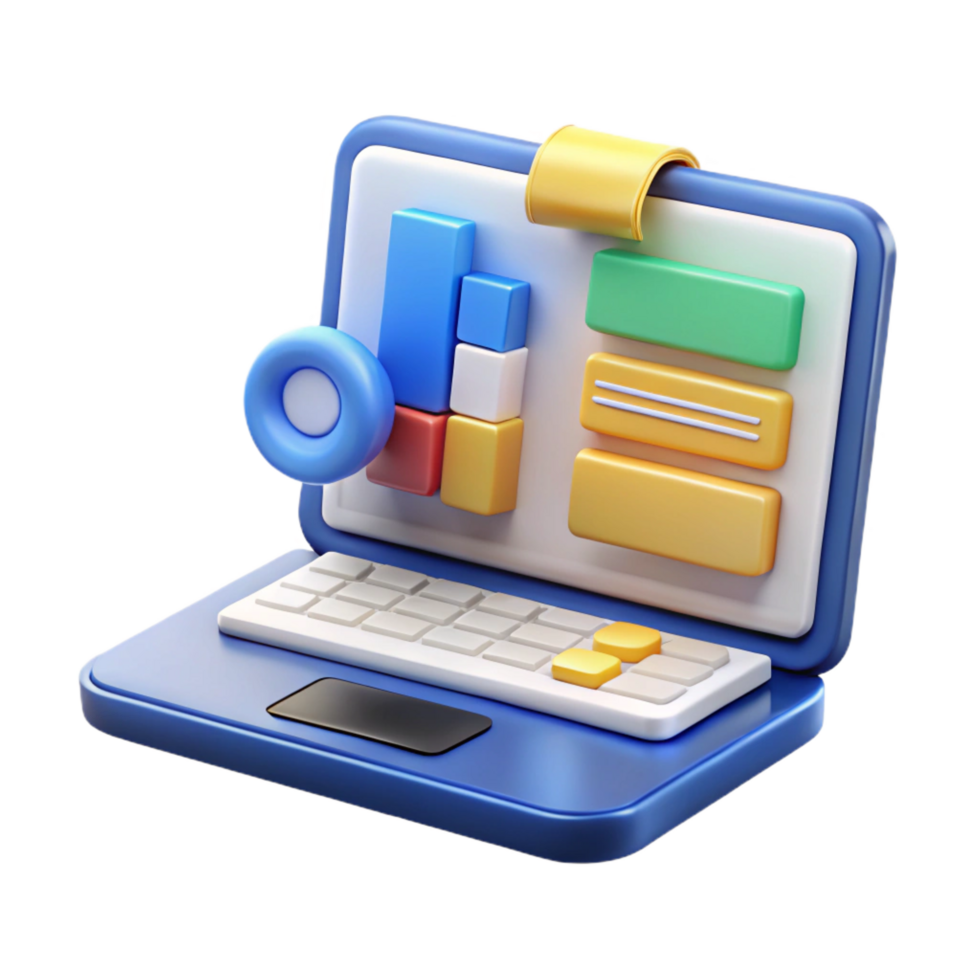 melancholic dazzling Laptop with project management software open NO BACKGROUND with Transparent Background. masterfully captured png