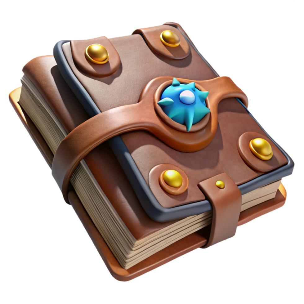 standout artistic A weathered, leather-bound spellbook, open to a page filled with arcane symbols. NO BACKGROUND with Transparent Background. museum quality png