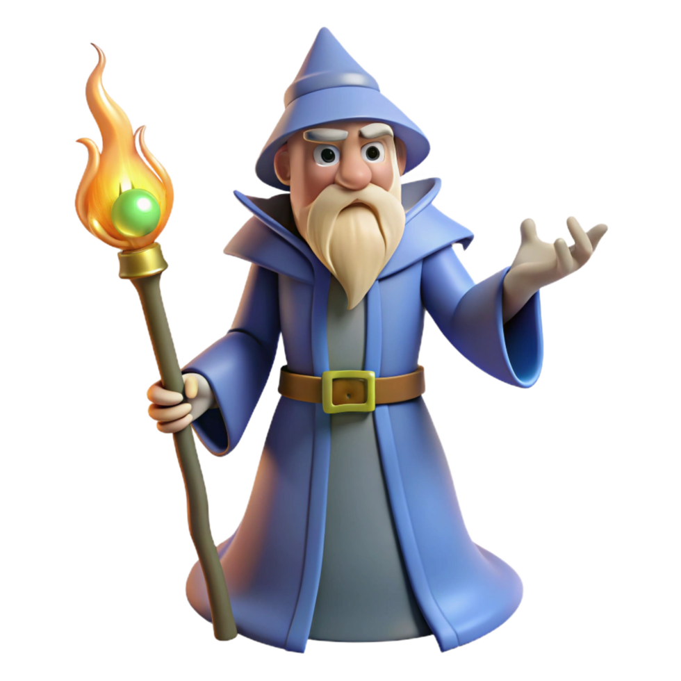 joyful dramatic A powerful wizard, staff in hand, casting a spell. NO BACKGROUND with Transparent Background. 4K png