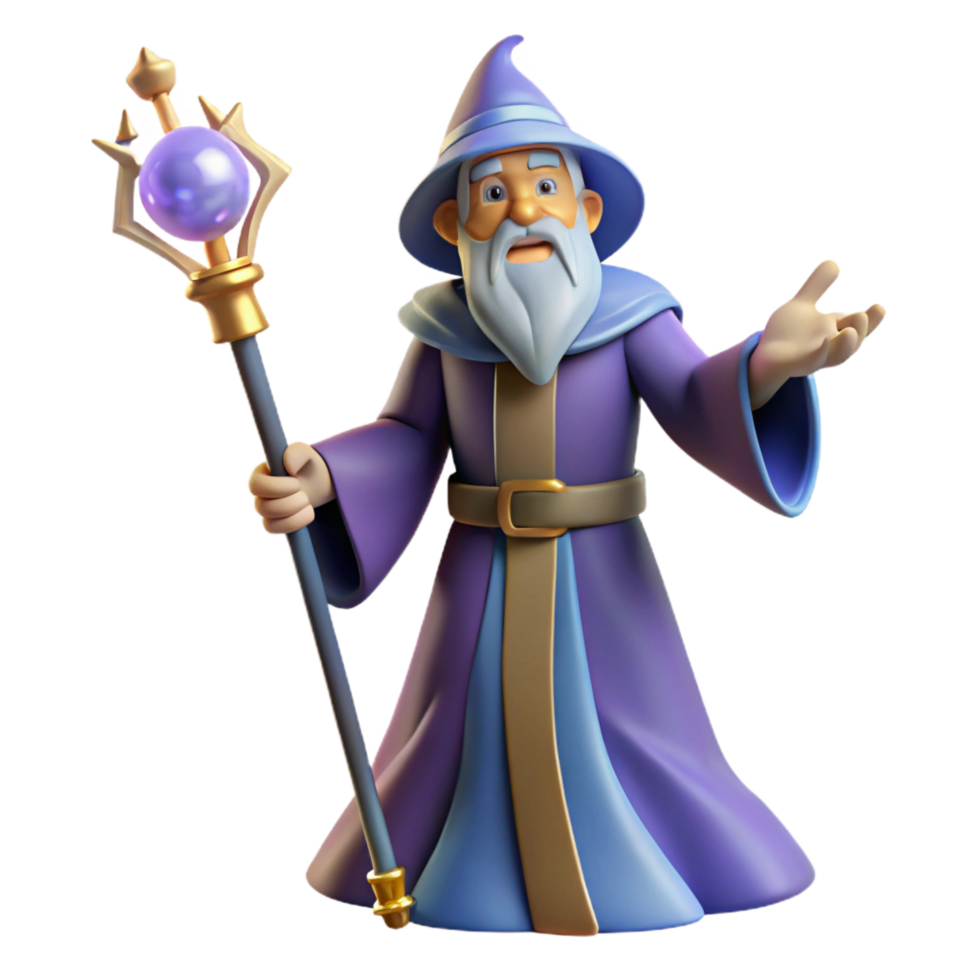 glorious exceptional A powerful wizard, staff in hand, casting a spell. NO BACKGROUND with Transparent Background. png