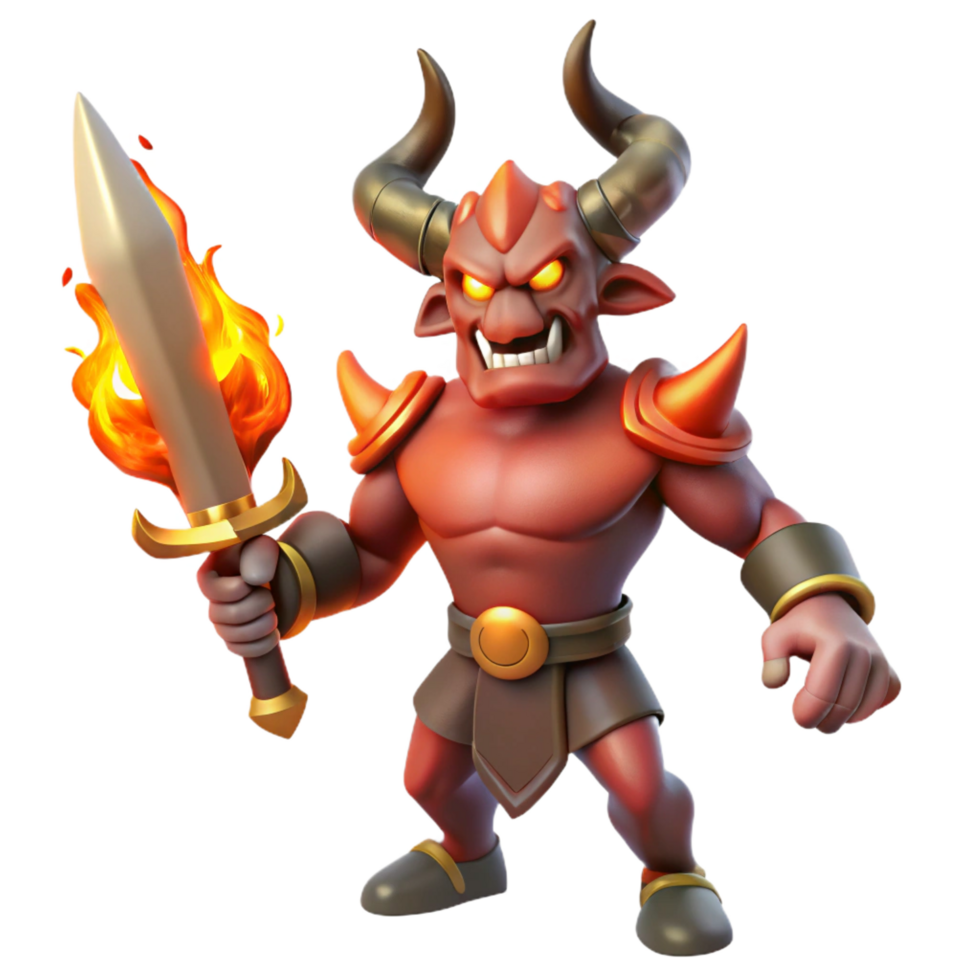 quintessential classic A fierce, horned demon, holding a flaming sword. NO BACKGROUND with Transparent Background. authentic png