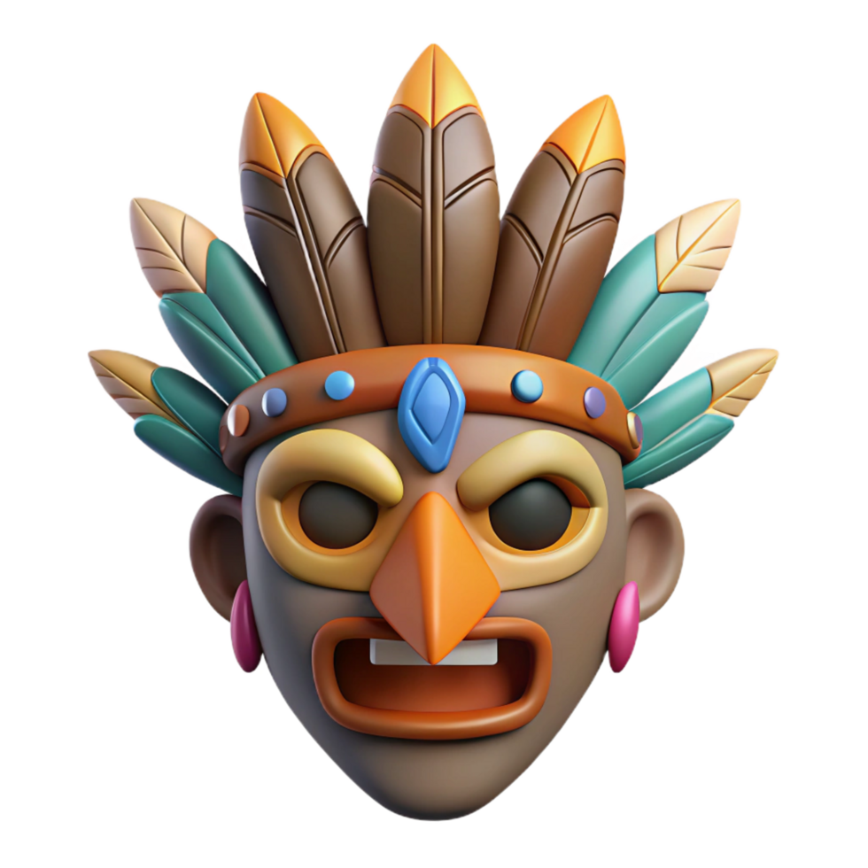 picturesque avant-garde A stylized tribal mask, adorned with feathers and beads. NO BACKGROUND with Transparent Background. crisp png