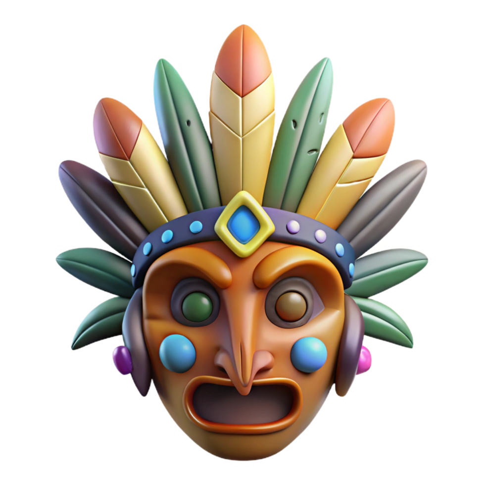 joyful mesmerizing A stylized tribal mask, adorned with feathers and beads. NO BACKGROUND with Transparent Background. fine detail png