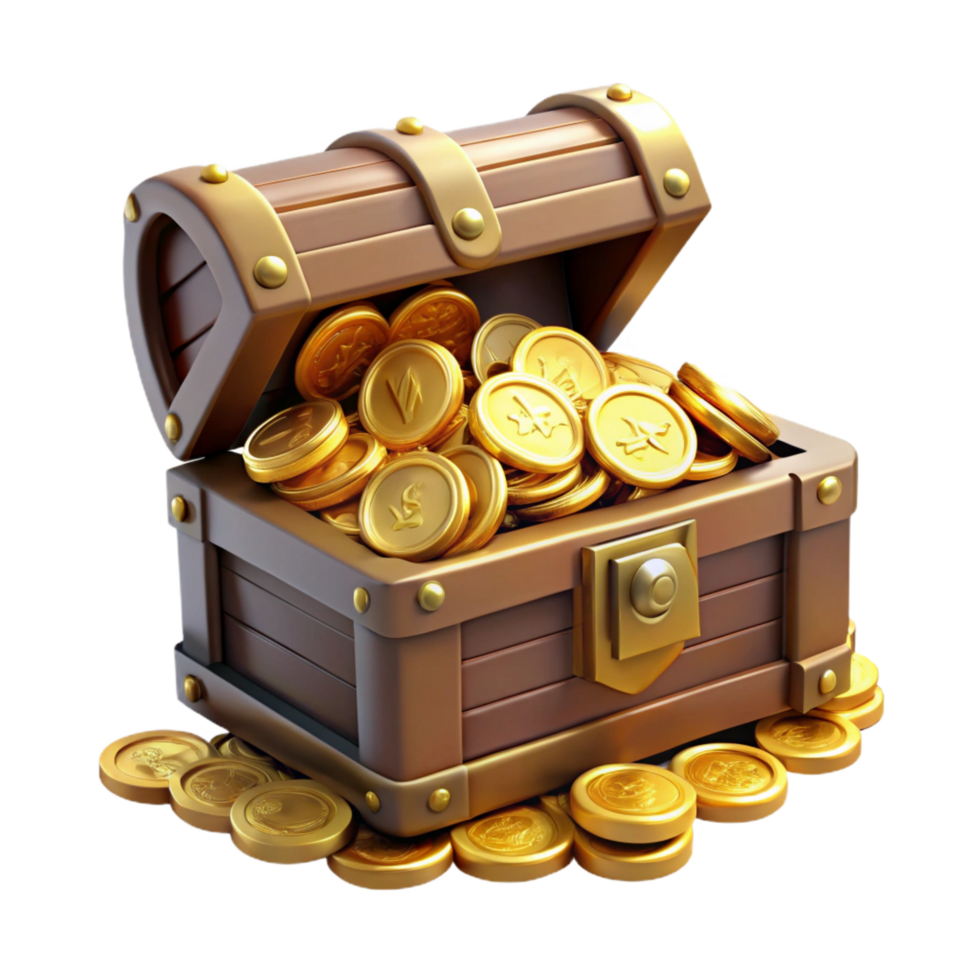 serene acclaimed An ornate treasure chest, overflowing with gold coins. NO BACKGROUND with Transparent Background. png