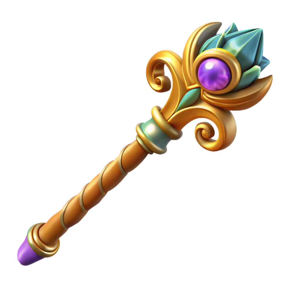 memorable futuristic A stylized magic staff, adorned with intricate carvings. NO BACKGROUND with Transparent Background. crisp png