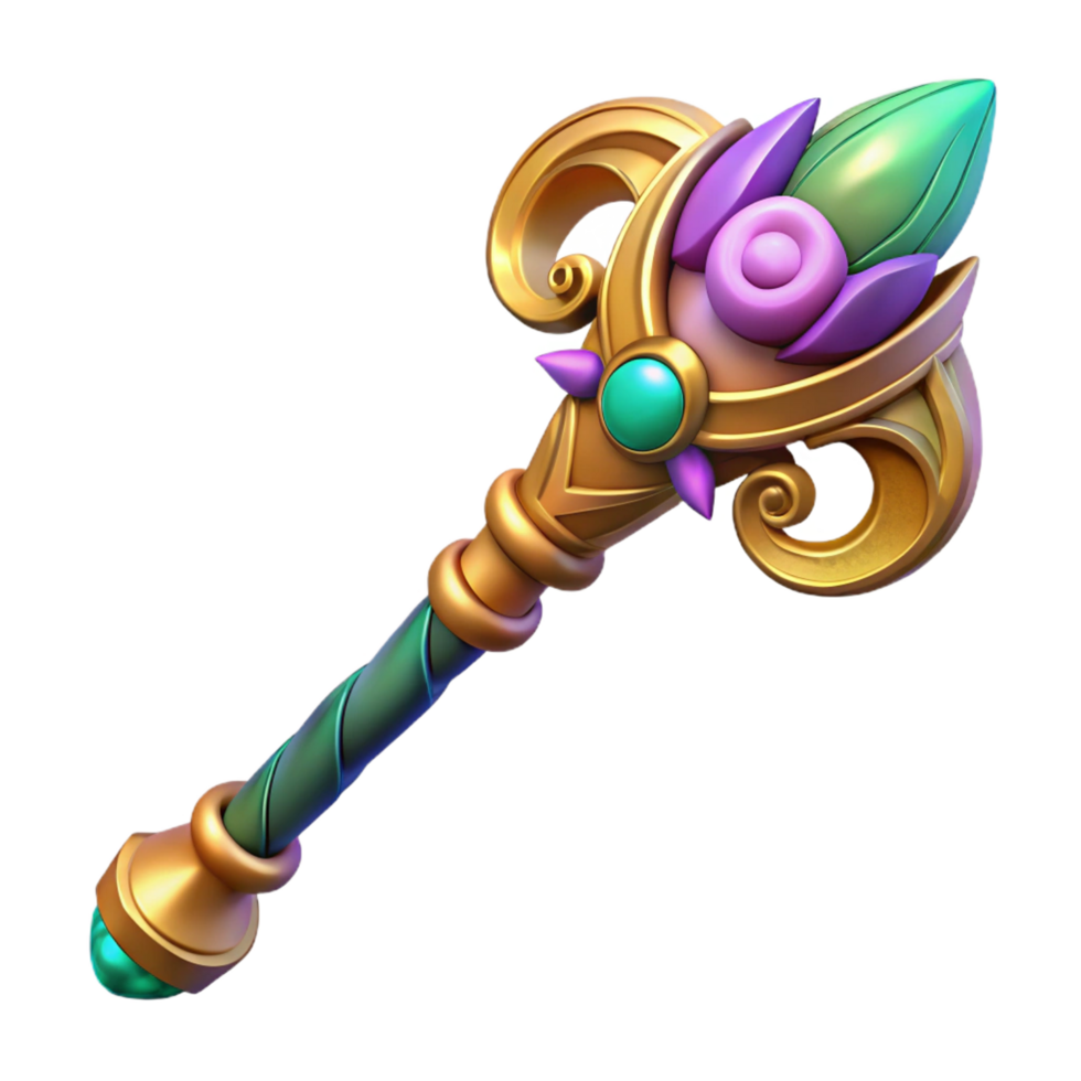 radiant modern A stylized magic staff, adorned with intricate carvings. NO BACKGROUND with Transparent Background. precision png