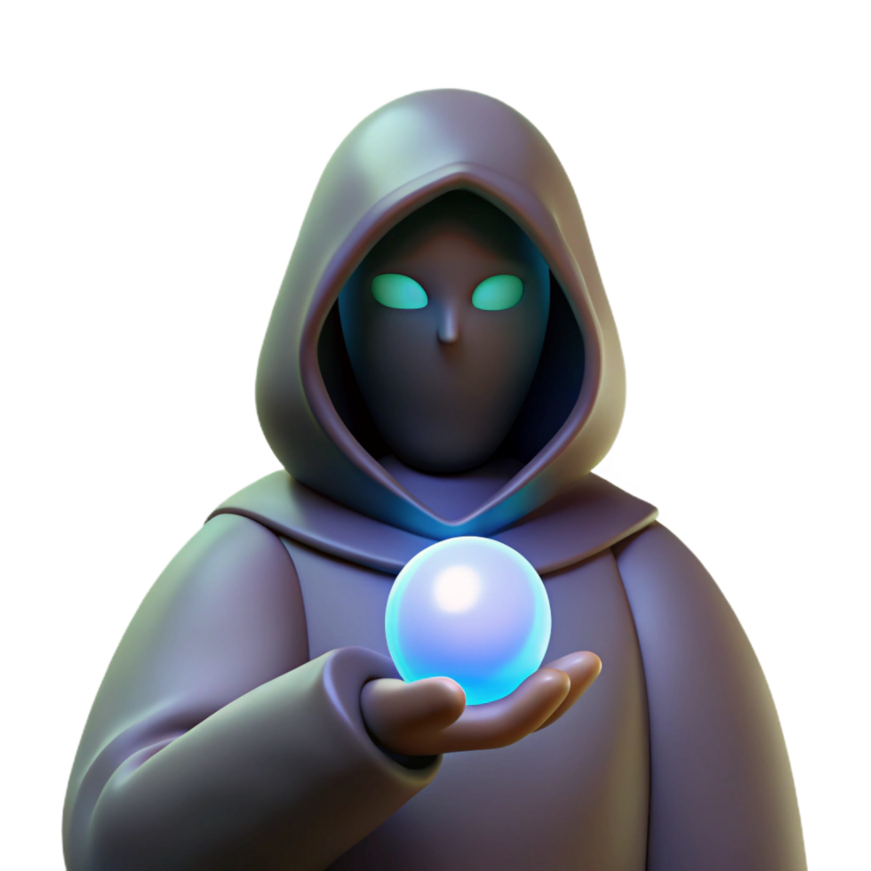 spectacular timeless A mysterious hooded figure, holding a glowing orb. NO BACKGROUND with Transparent Background. png