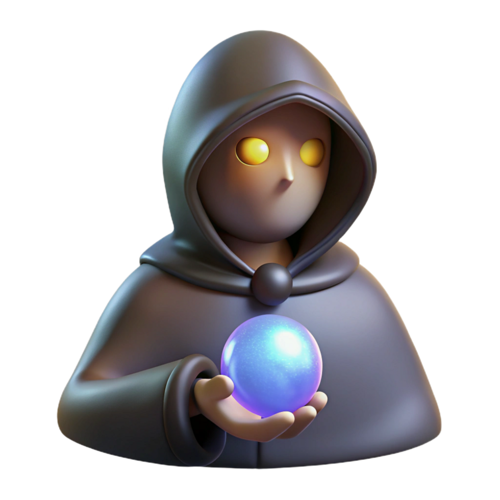iconic elegant A mysterious hooded figure, holding a glowing orb. NO BACKGROUND with Transparent Background. flawless png