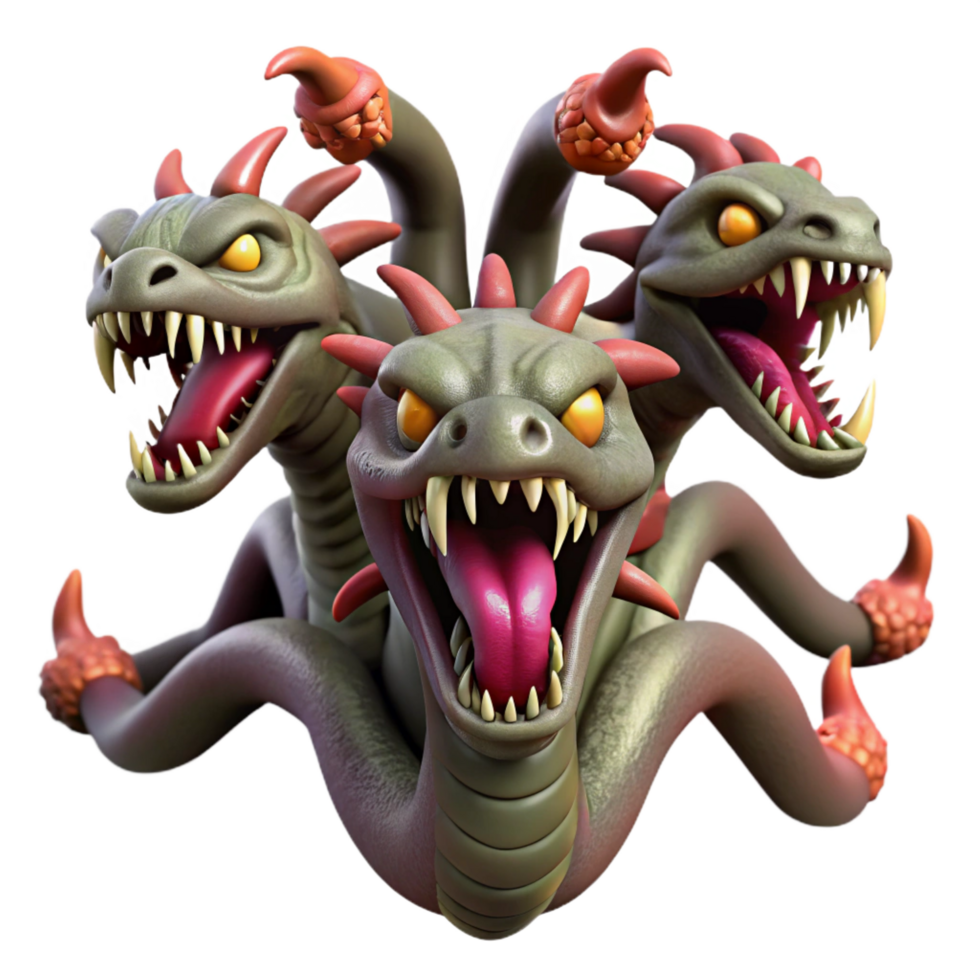 harmonious impressive A fearsome hydra, multiple heads snarling. NO BACKGROUND with Transparent Background. authentic png