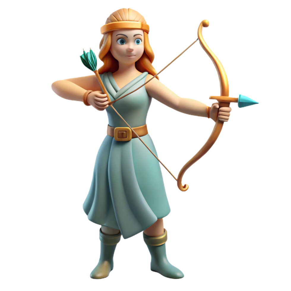 wonderful whimsical modern Artemis, Goddess of the Hunt, with a bow and arrow NO BACKGROUND with Transparent Background. 8K png