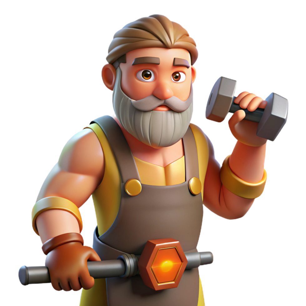 radiant passionate rustic Hephaestus, God of the Forge, with a hammer NO BACKGROUND with Transparent Background. professional png