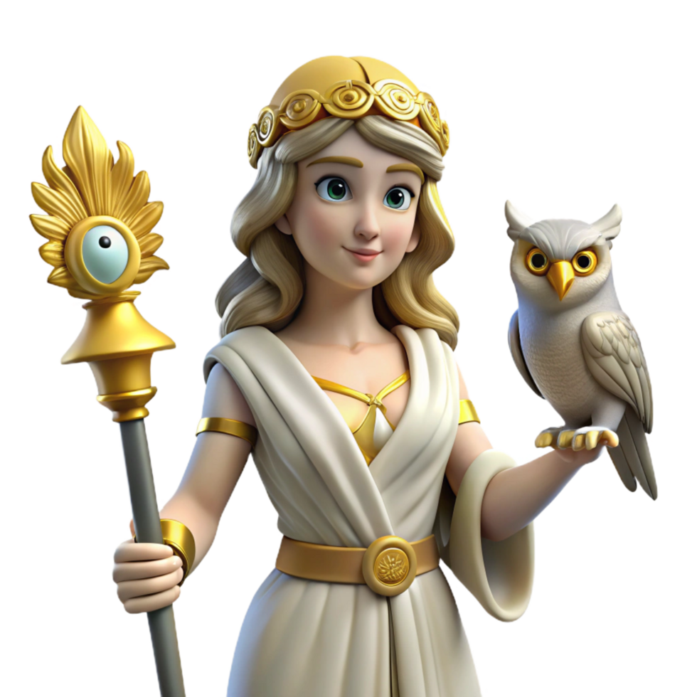 radiant contemporary Athena, Goddess of Wisdom, with an owl NO BACKGROUND with Transparent Background. high quality png