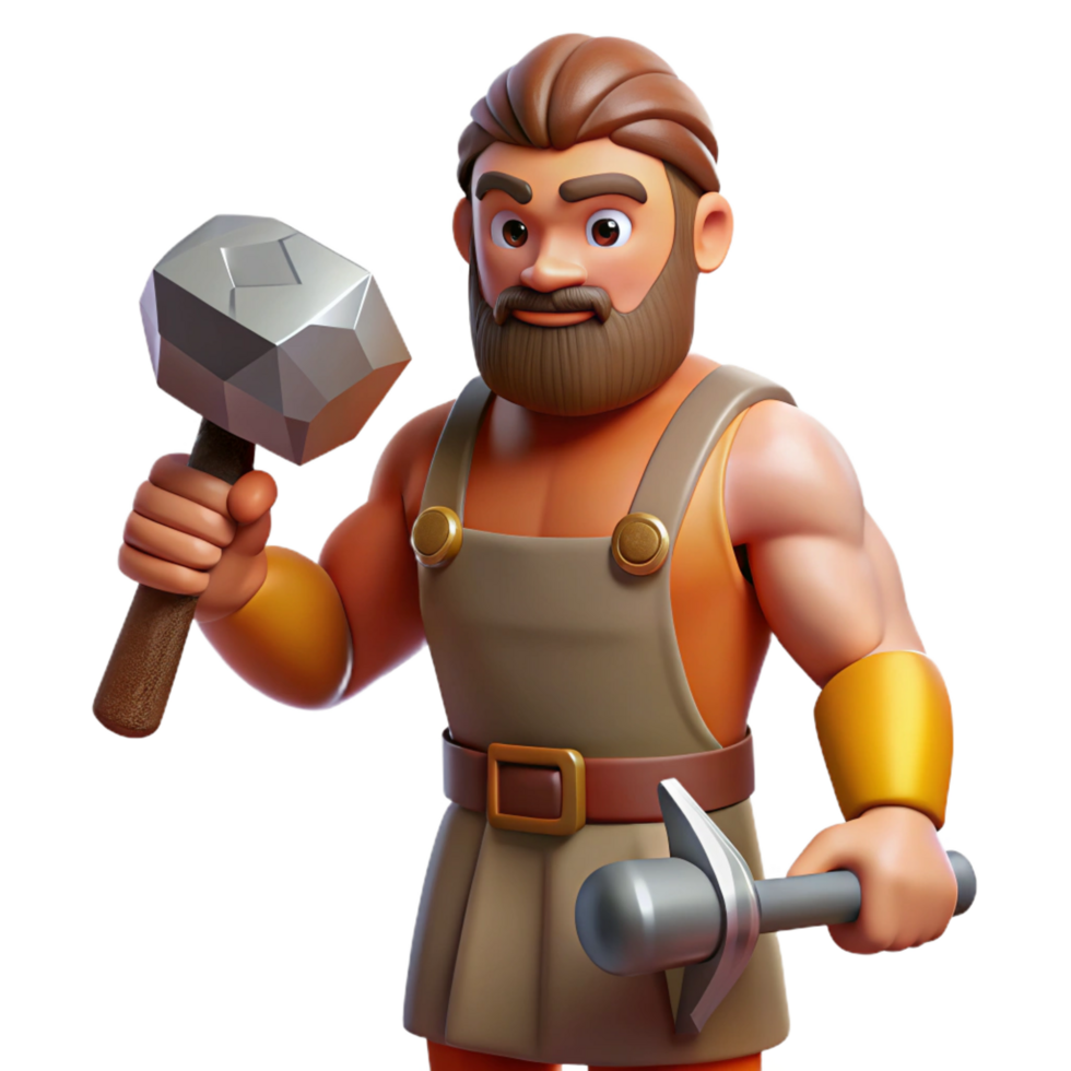 spectacular surreal Hephaestus, God of the Forge, with a hammer NO BACKGROUND with Transparent Background. studio quality png