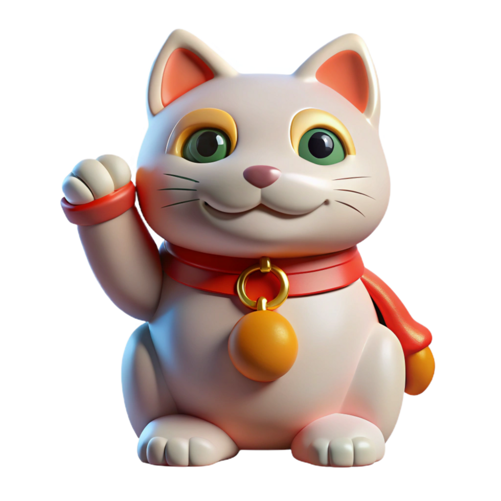 joyful vibrant Maneki-neko, Japanese beckoning cat figurine NO BACKGROUND with Transparent Background. 4K png