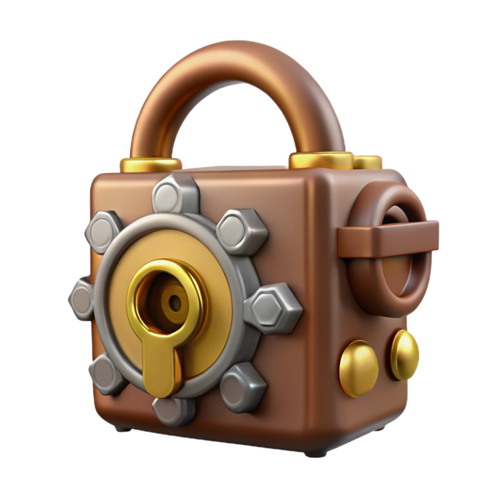 melancholic exquisite Steampunk lock with intricate gear mechanisms and a brass keyhole. NO BACKGROUND with Transparent Background. detailed png