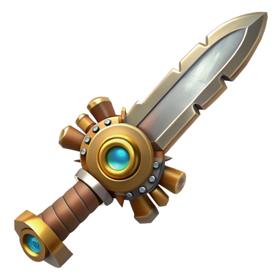 reflective immaculate Steampunk sword with a gear-embedded hilt and a serrated blade. NO BACKGROUND with Transparent Background. impeccable png