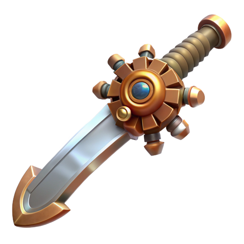signature industrial Steampunk sword with a gear-embedded hilt and a serrated blade. NO BACKGROUND with Transparent Background. masterfully captured png