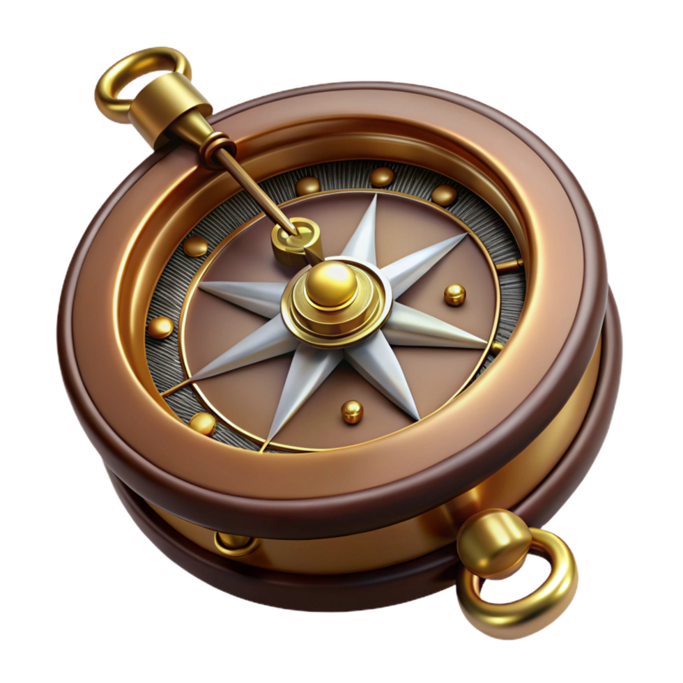 melancholic pristine Steampunk compass with intricate brass details and a rotating needle. NO BACKGROUND with Transparent Background. sharp png