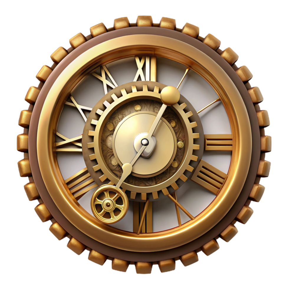 magnificent reflective elegant Steampunk clock face with Roman numerals and exposed gears. NO BACKGROUND with Transparent Background. top-tier png
