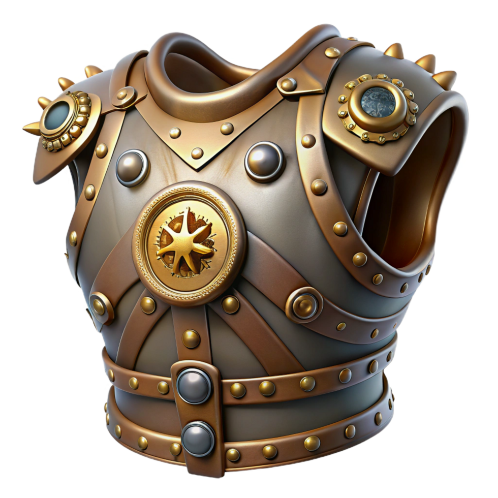 serene unparalleled Steampunk armor breastplate with riveted plates and gear mechanisms. NO BACKGROUND with Transparent Background. png