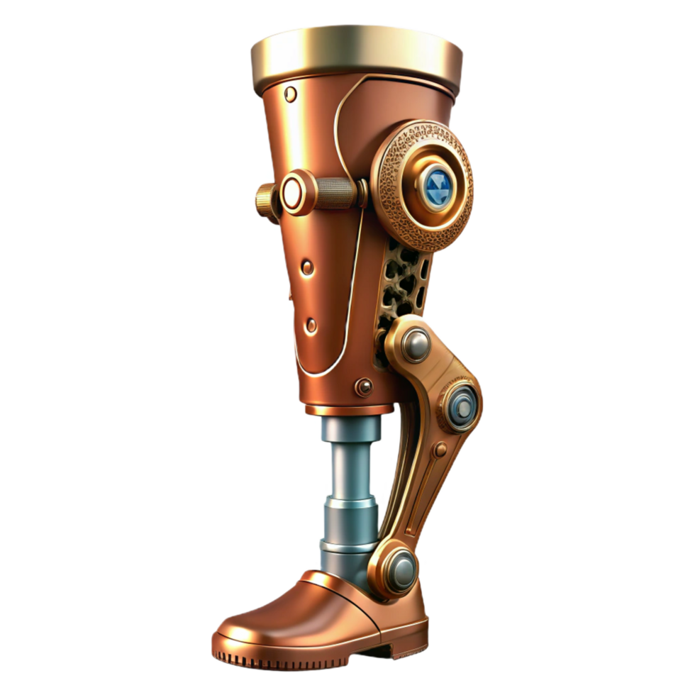 radiant nostalgic tropical Steampunk prosthetic leg with intricate clockwork and polished copper plating. NO BACKGROUND with Transparent Background. 8K png