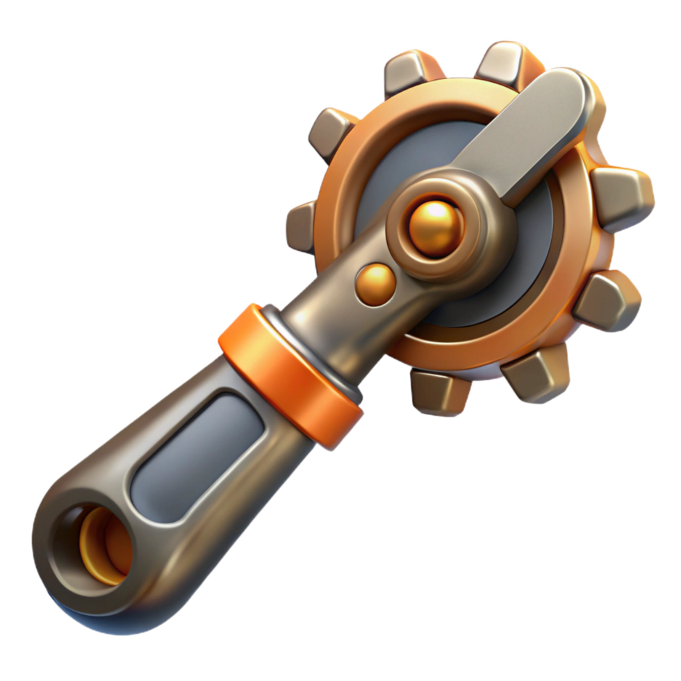radiant unforgettable Steampunk wrench with adjustable jaws and intricate gear mechanisms. NO BACKGROUND with Transparent Background. png