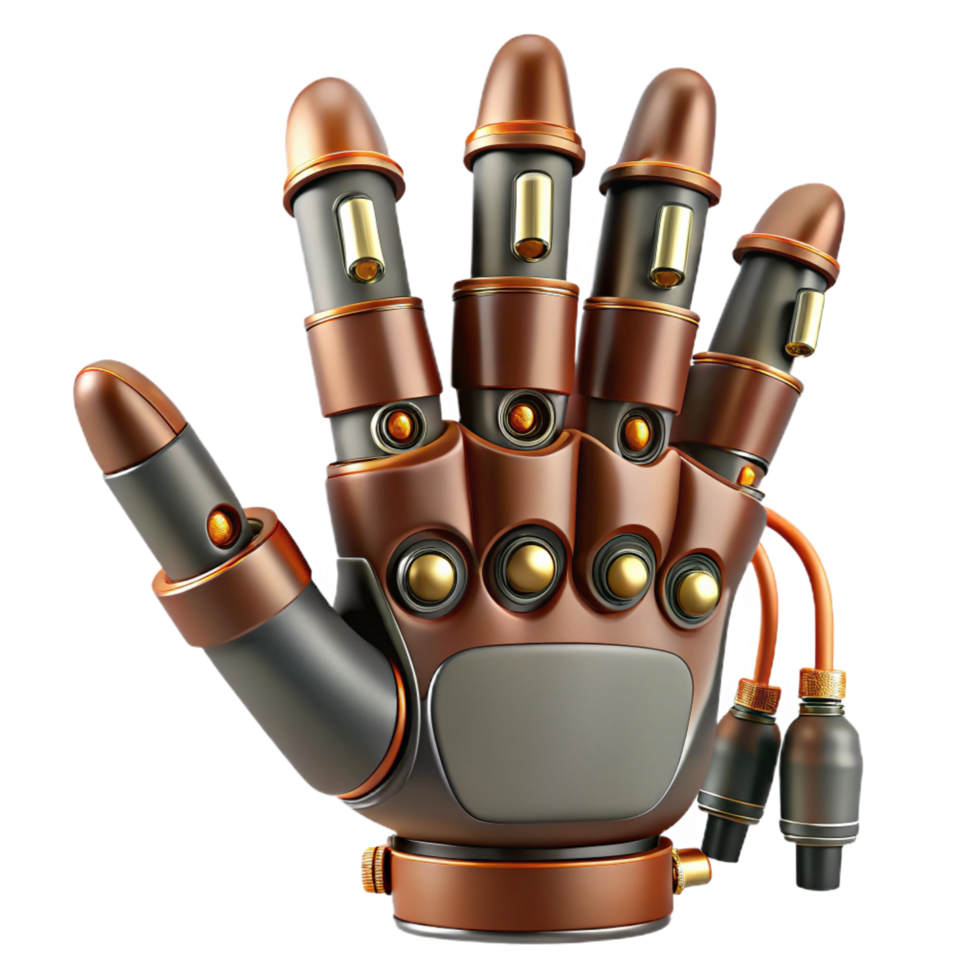 sought-after artistic Steampunk robotic hand with articulated fingers and exposed wires. NO BACKGROUND with Transparent Background. ultra HD png