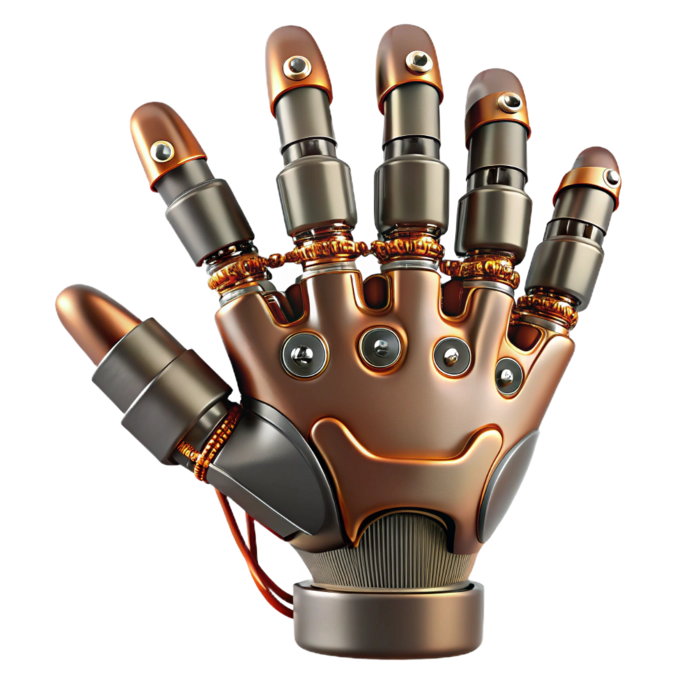 standout futuristic Steampunk robotic hand with articulated fingers and exposed wires. NO BACKGROUND with Transparent Background. studio quality png