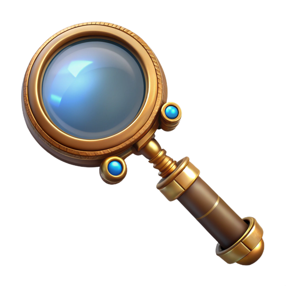 sought-after abstract Steampunk magnifying glass with an ornate handle and brass frame. NO BACKGROUND with Transparent Background. exclusive png