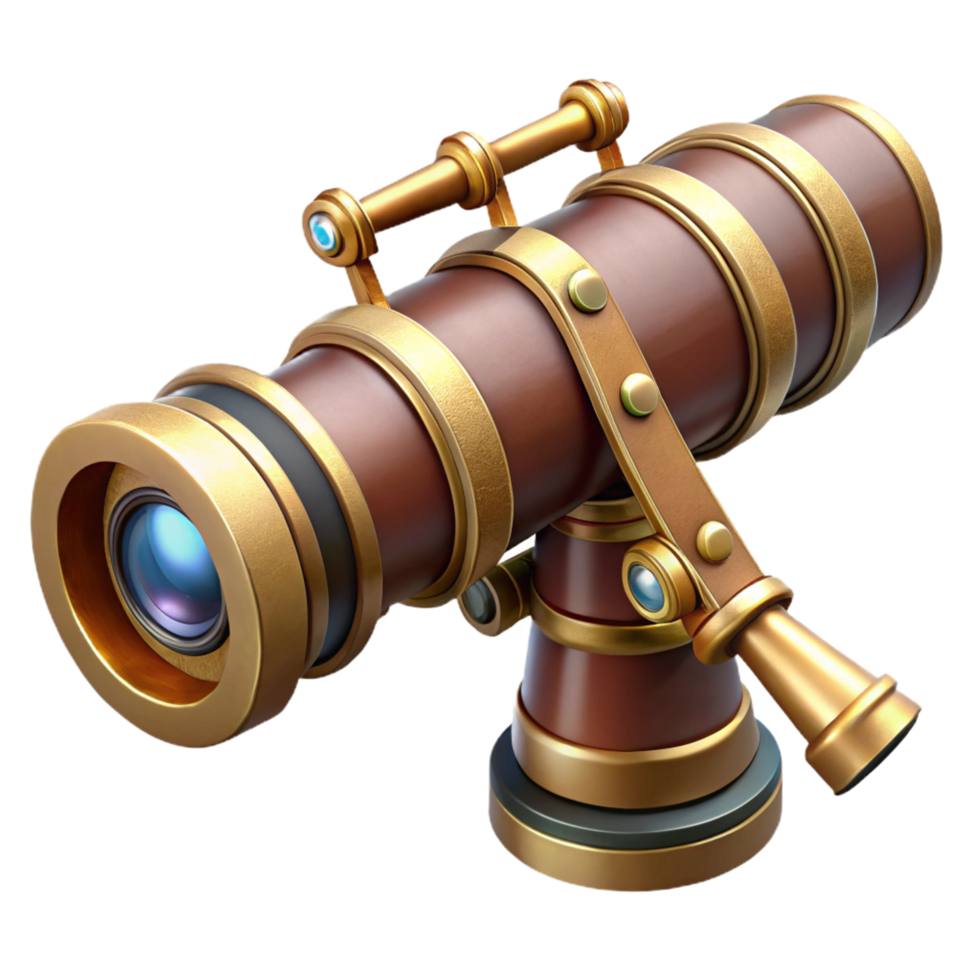 notable artistic Steampunk telescope with an extendable brass barrel and intricate lenses. NO BACKGROUND with Transparent Background. artisan png