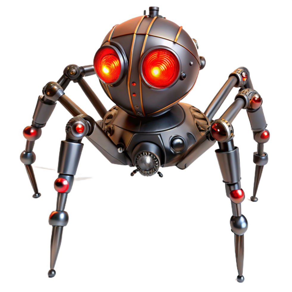 joyful enchanting Steampunk robotic spider with articulated legs and glowing red eyes. NO BACKGROUND with Transparent Background. authentic png