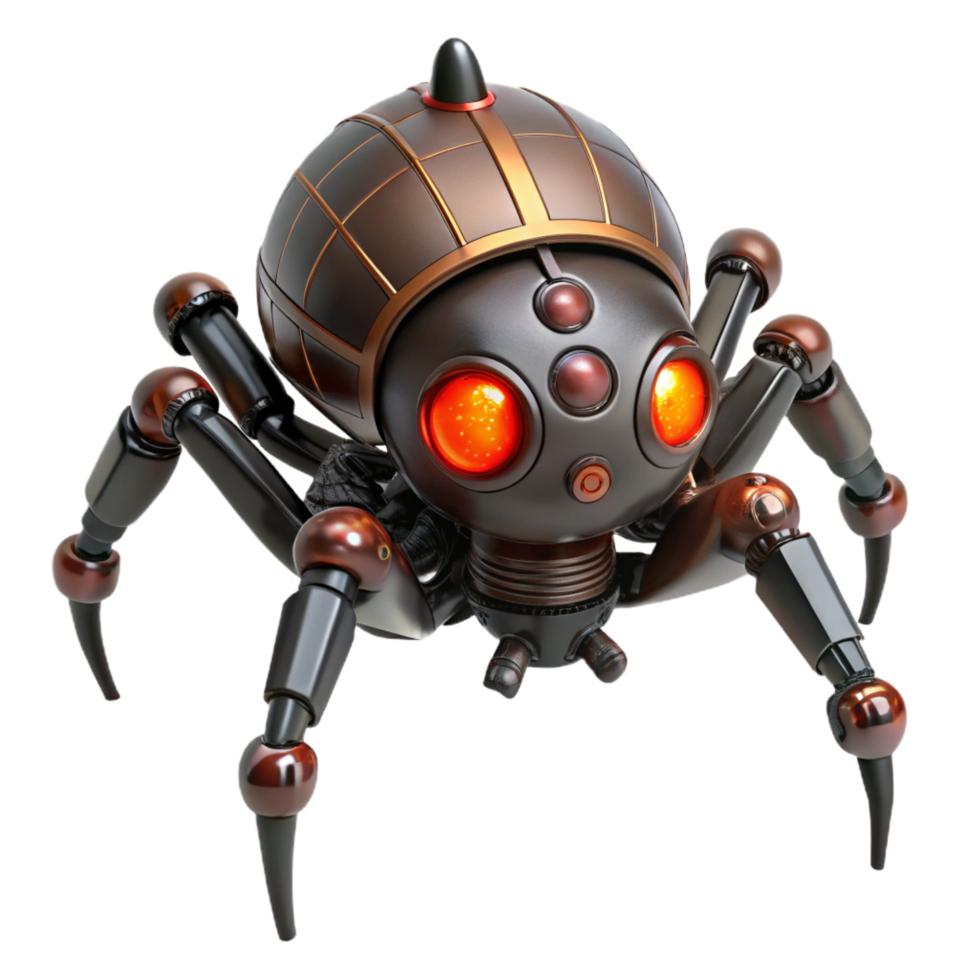 magnificent memorable Steampunk robotic spider with articulated legs and glowing red eyes. NO BACKGROUND with Transparent Background. png