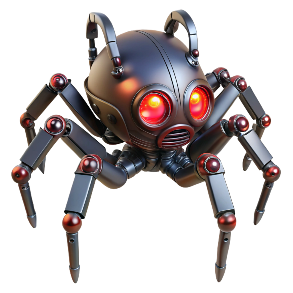 serene abstract Steampunk robotic spider with articulated legs and glowing red eyes. NO BACKGROUND with Transparent Background. top-tier png