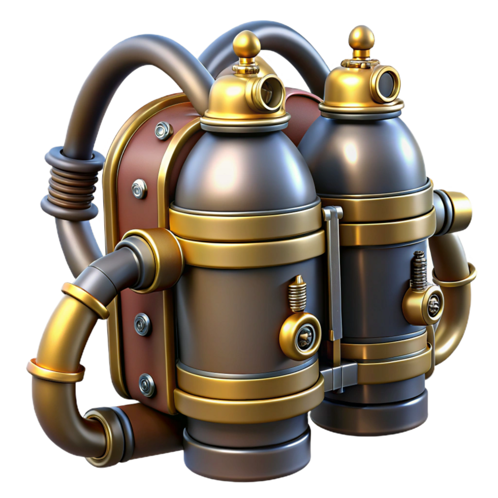 timeless rustic Steampunk jetpack with brass nozzles and intricate valve systems. NO BACKGROUND with Transparent Background. expertly shot png
