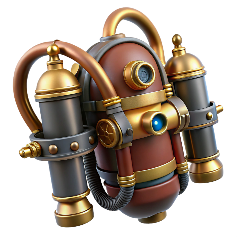 remarkable classic Steampunk jetpack with brass nozzles and intricate valve systems. NO BACKGROUND with Transparent Background. ultra HD png