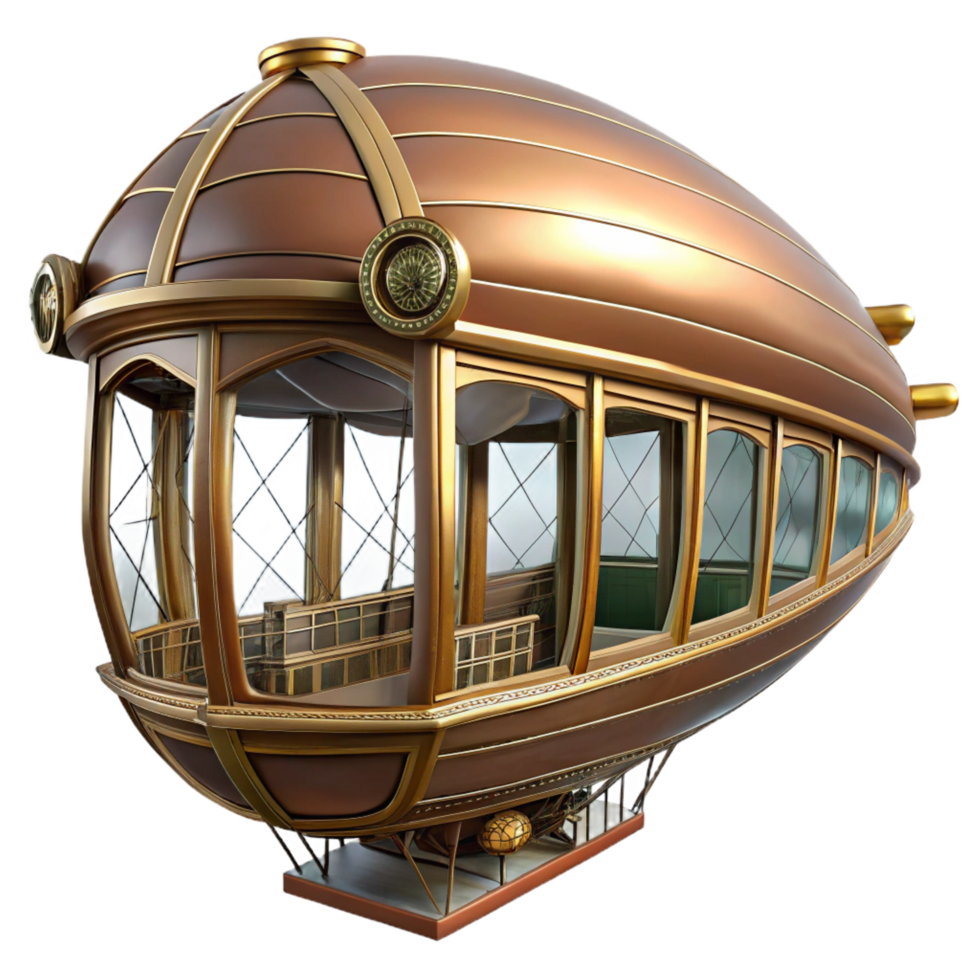 wonderful unparalleled Steampunk zeppelin gondola with panoramic windows and intricate metalwork. NO BACKGROUND with Transparent Background. png