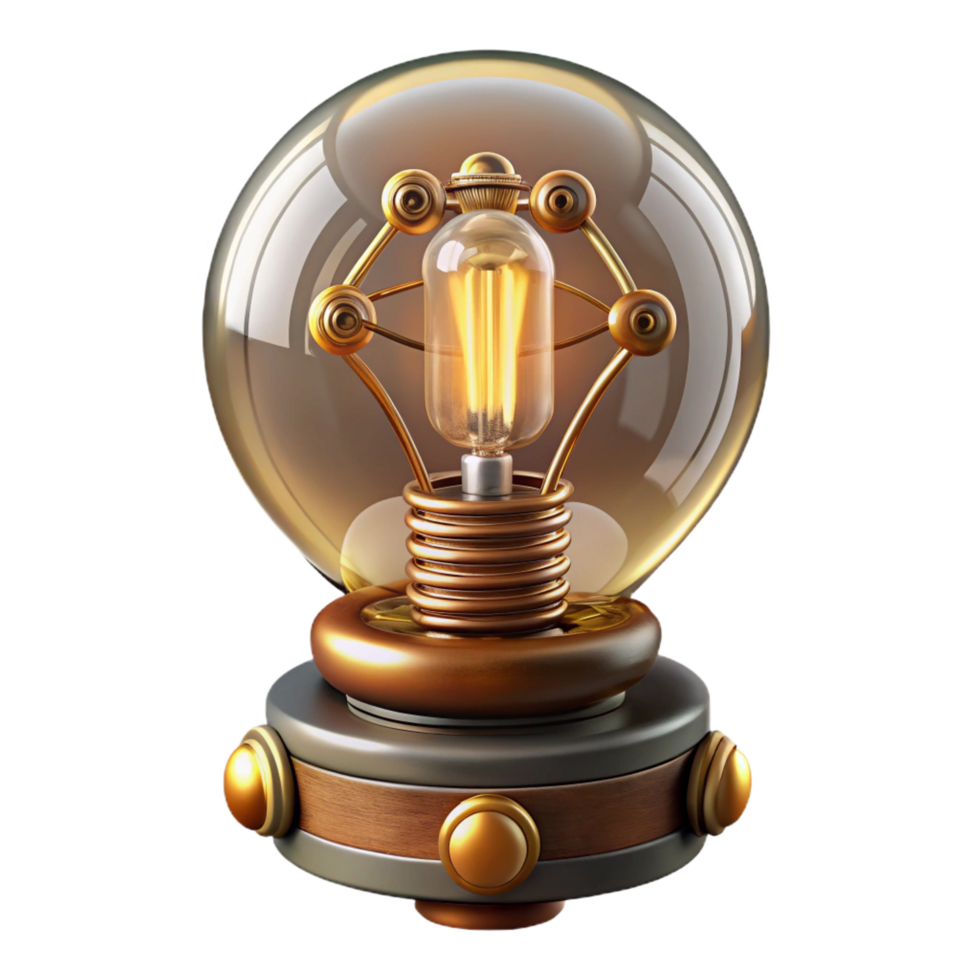 melancholic fascinating Steampunk lightbulb with intricate filaments and a brass base. NO BACKGROUND with Transparent Background. flawless png