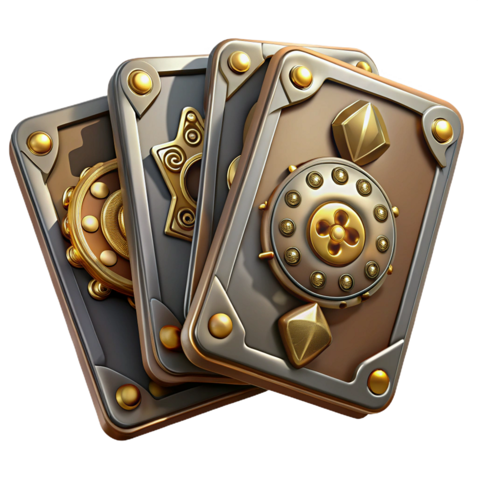 magnificent nostalgic geometric Steampunk playing cards with intricate designs and metallic accents. NO BACKGROUND with Transparent Background. 4K png