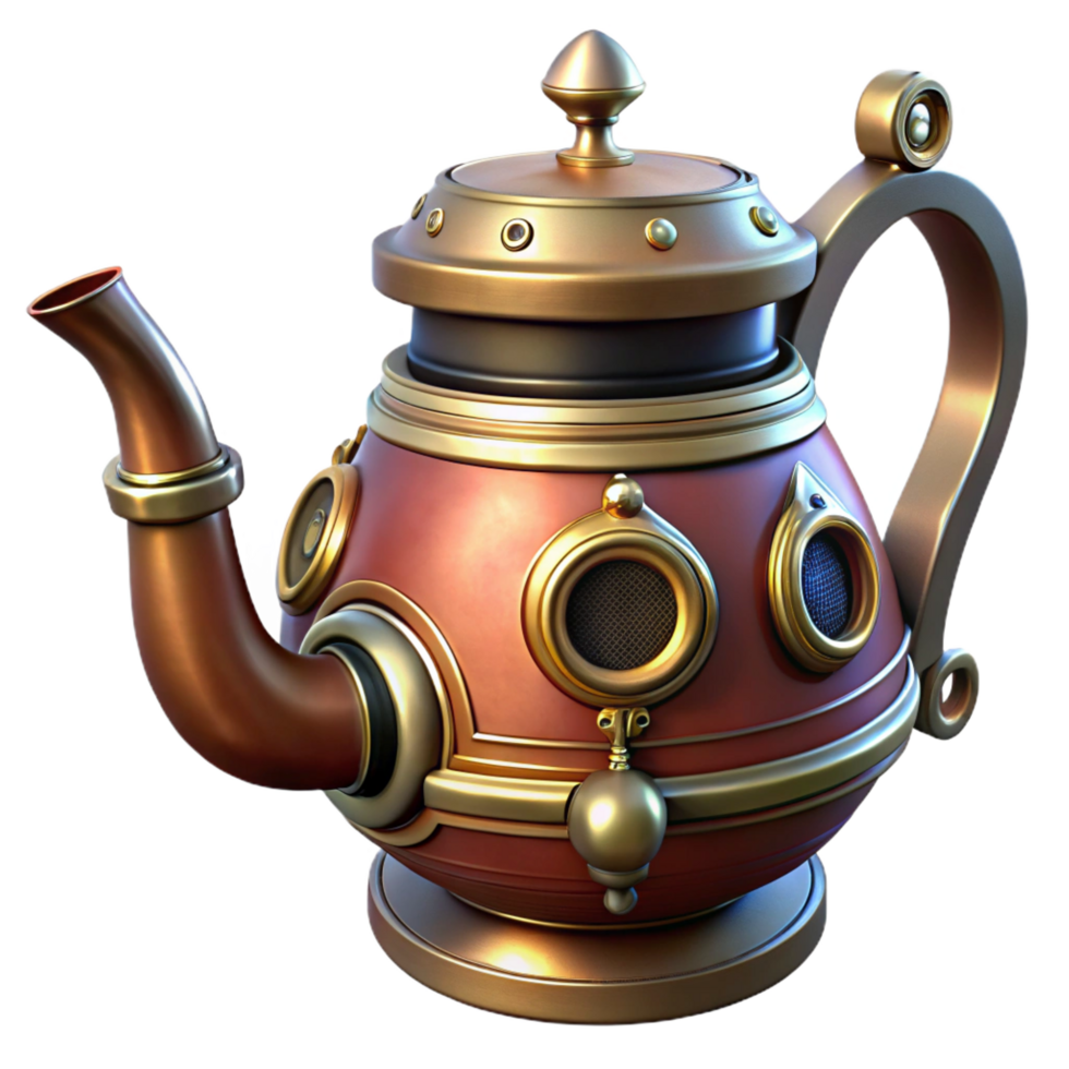 mysterious dramatic Steampunk teapot with intricate spout and a brass handle. NO BACKGROUND with Transparent Background. top-tier png