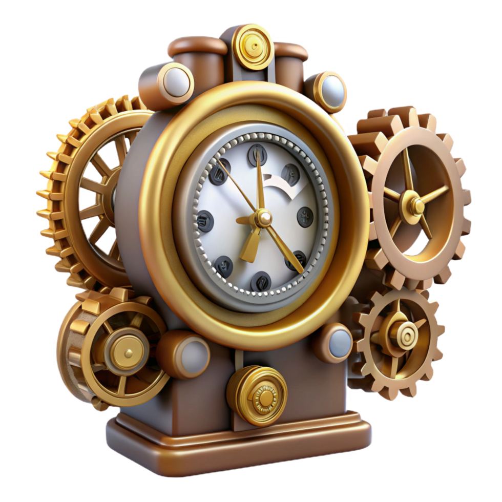 whimsical immaculate Steampunk clock with intricate gears and Roman numerals. NO BACKGROUND with Transparent Background. genuine png