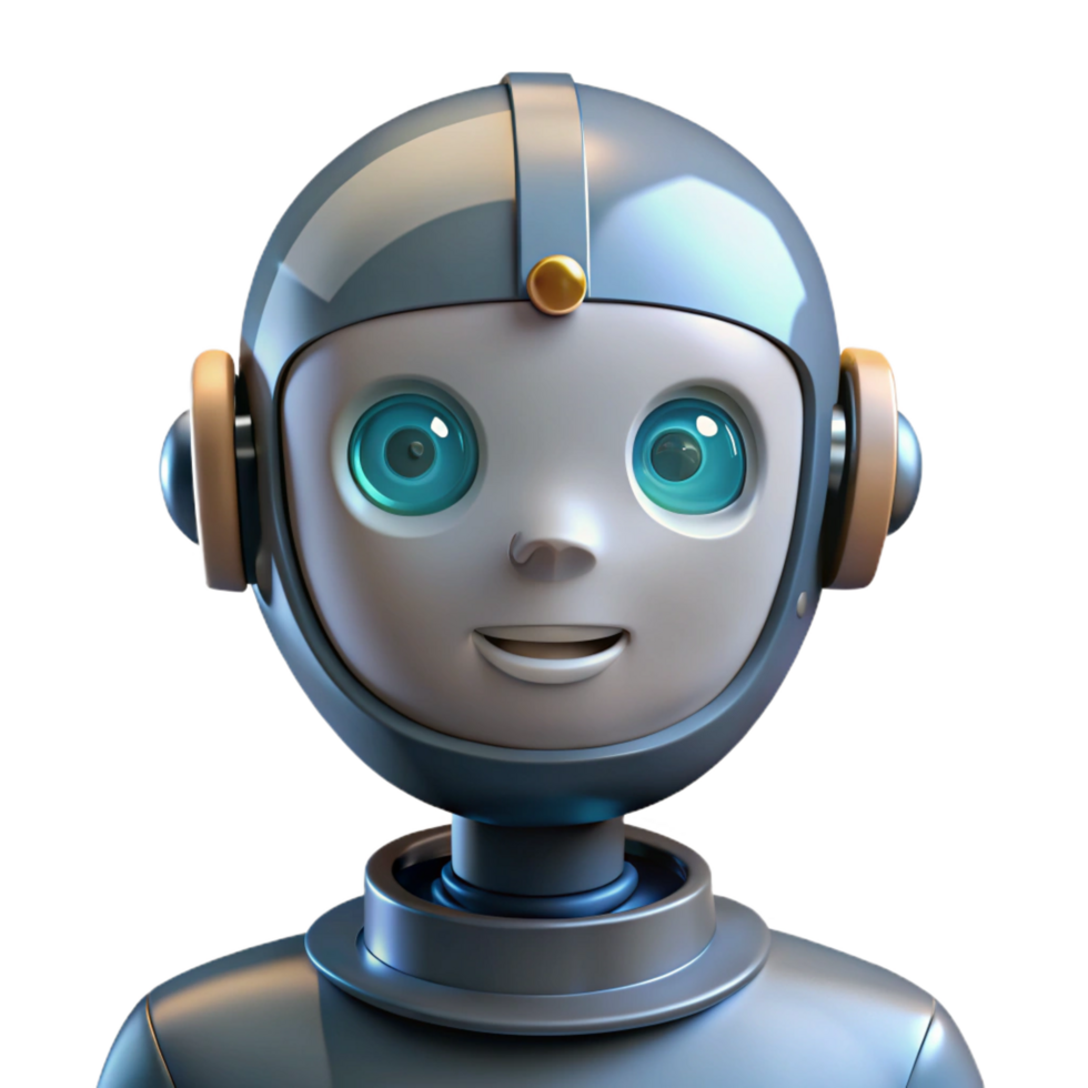 memorable contemporary Artificial intelligence robot head. NO BACKGROUND with Transparent Background. fine detail png