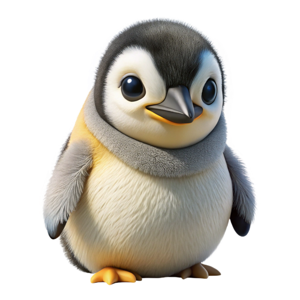 quintessential mid-century A crawling King Penguin chick, fluffy, NO BACKGROUND with Transparent Background. artisan png