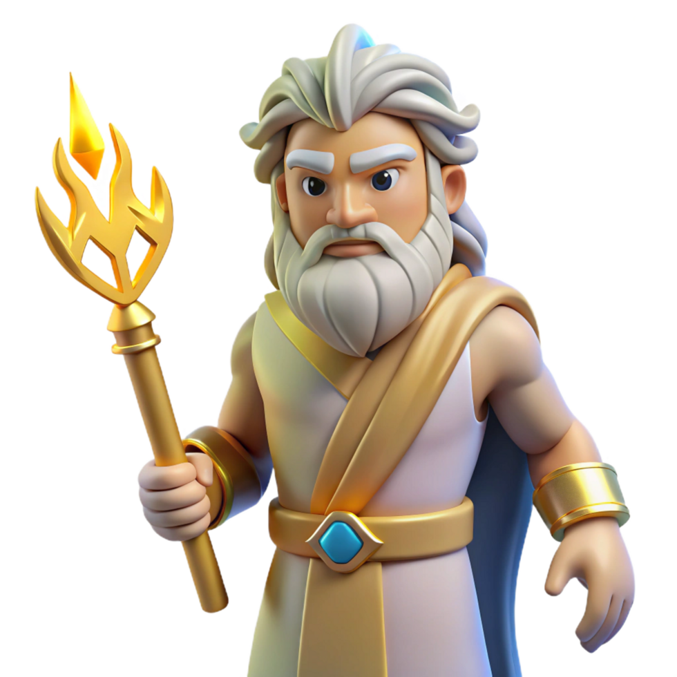 vibrant retro Zeus, king of the gods, thunderbolt in hand, NO BACKGROUND with Transparent Background. perfect clarity png