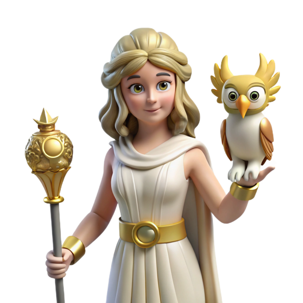 striking classic Athena, goddess of wisdom, with owl, NO BACKGROUND with Transparent Background. precision png